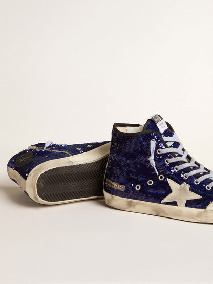 Golden Goose Womens Francy Penstar In Bright Blue Sequins With Ice-Gray Suede Star Womens