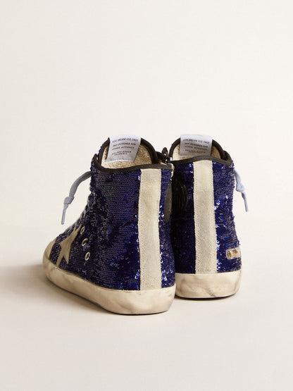 Golden Goose Womens Francy Penstar In Bright Blue Sequins With Ice-Gray Suede Star Womens