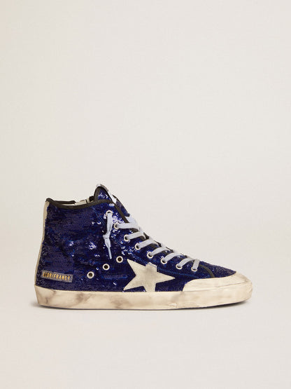 Golden Goose Womens Francy Penstar In Bright Blue Sequins With Ice-Gray Suede Star Womens