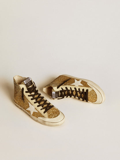 Golden Goose Francy Penstar In Gold Glitter With White Leather Star Womens
