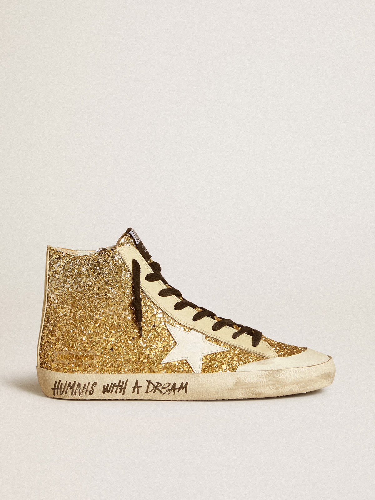 Golden Goose Francy Penstar In Gold Glitter With White Leather Star Womens