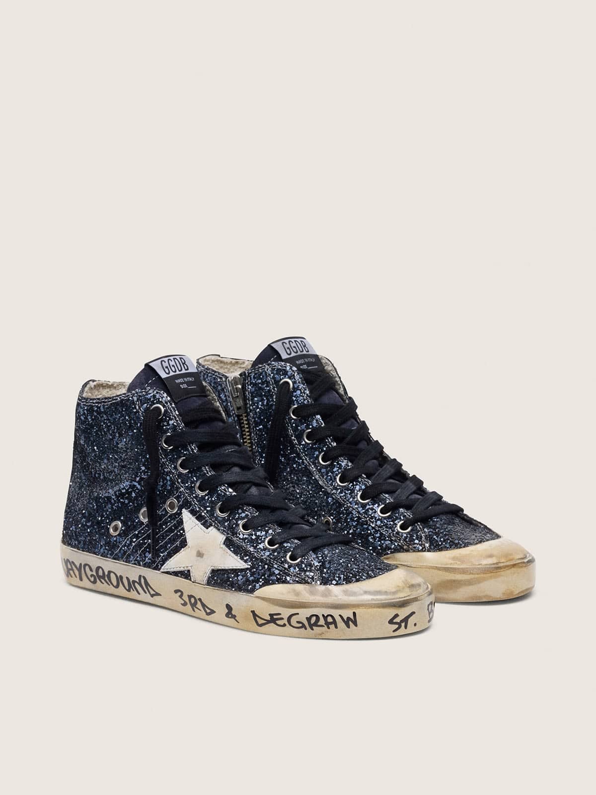 Golden Goose Womens Francy In Dark Blue Glitter With White Star Womens