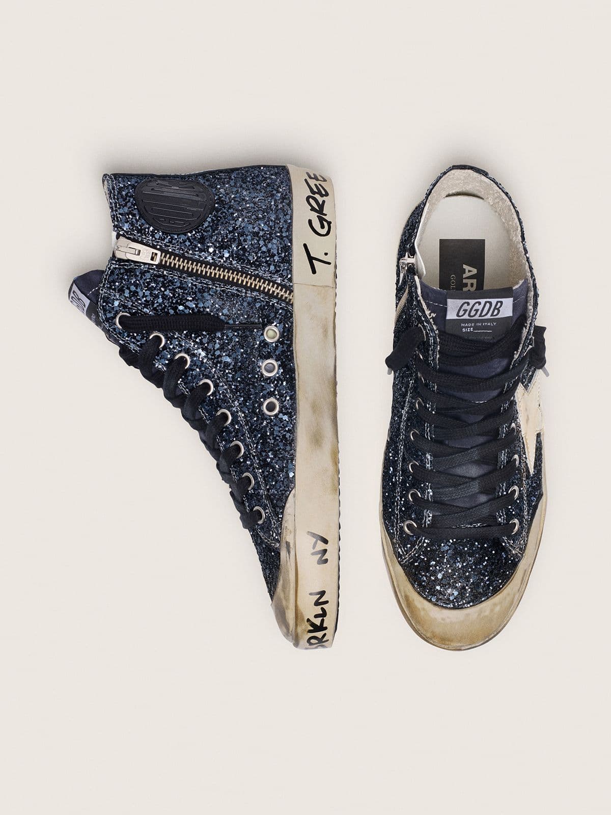 Golden Goose Womens Francy In Dark Blue Glitter With White Star Womens