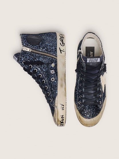 Golden Goose Womens Francy In Dark Blue Glitter With White Star Womens