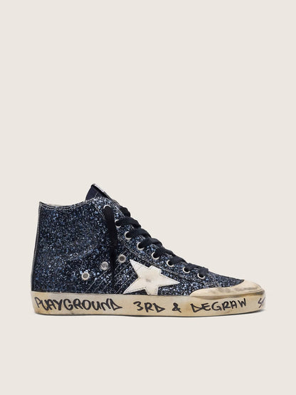 Golden Goose Womens Francy In Dark Blue Glitter With White Star Womens