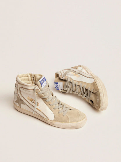Golden Goose Womens Slide With Ice-Gray Suede Star And White Flash Womens