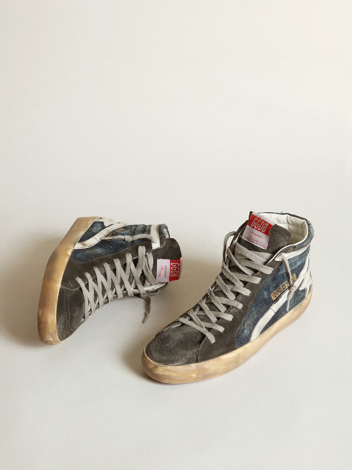 Golden Goose Slide In Midnight-Blue Denim With White Leather Star Womens