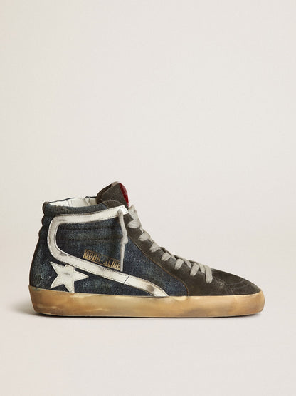 Golden Goose Slide In Midnight-Blue Denim With White Leather Star Womens
