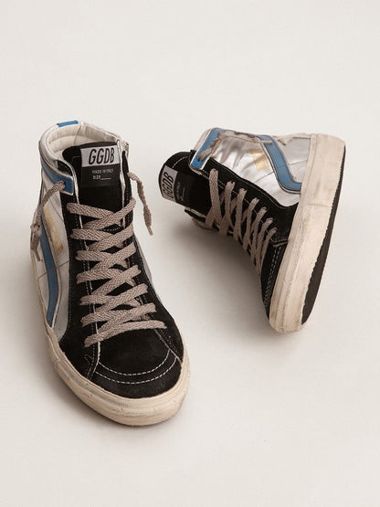 Golden Goose Slide In Silver Metallic Leather With White Leather Star Womens