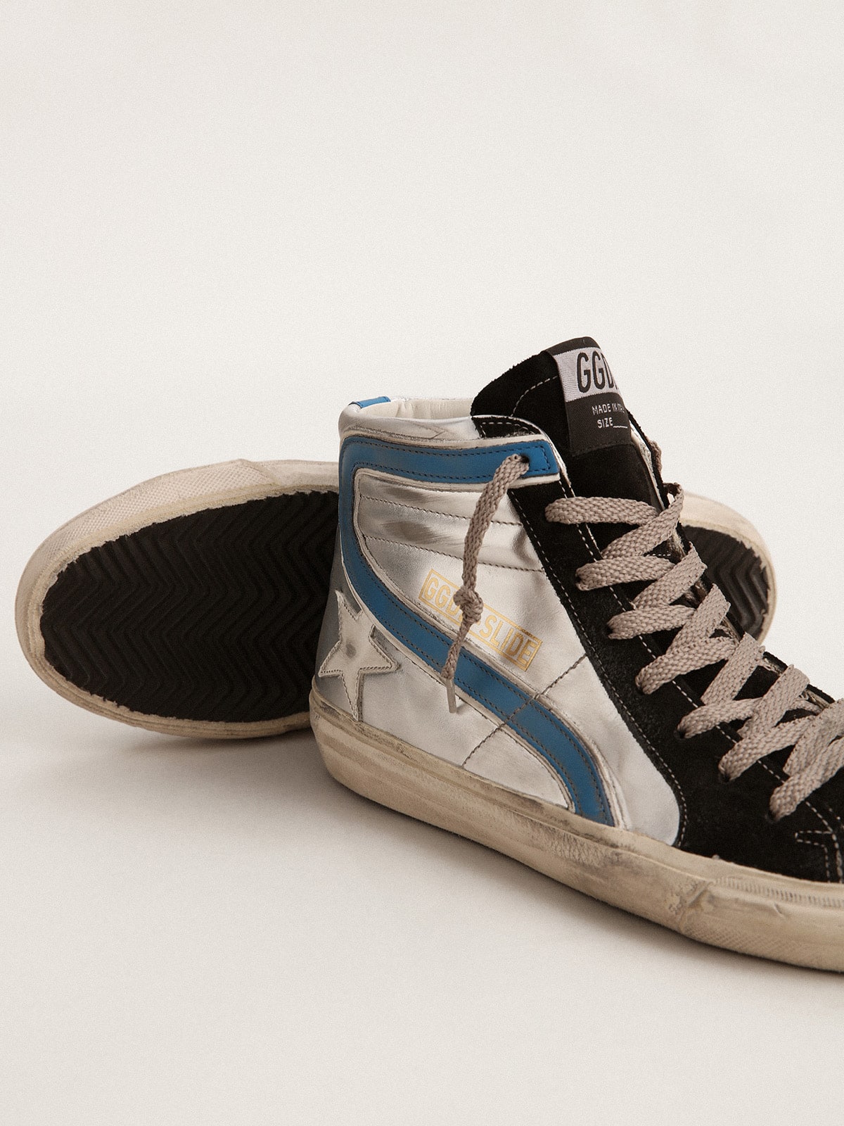 Golden Goose Slide In Silver Metallic Leather With White Leather Star Womens