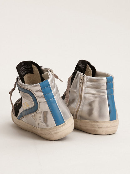 Golden Goose Slide In Silver Metallic Leather With White Leather Star Womens