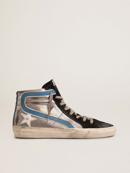 Golden Goose Slide In Silver Metallic Leather With White Leather Star Womens