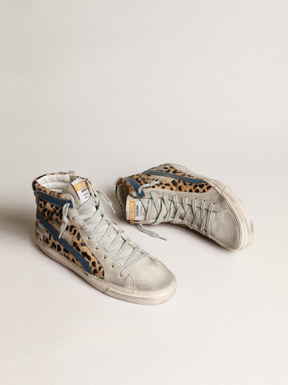 Golden Goose Womens Slide In Leopard Print Pony Skin With Silver Leather Star Womens