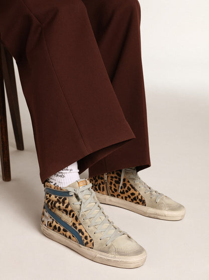 Golden Goose Womens Slide In Leopard Print Pony Skin With Silver Leather Star Womens
