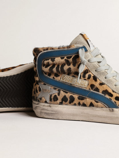 Golden Goose Womens Slide In Leopard Print Pony Skin With Silver Leather Star Womens