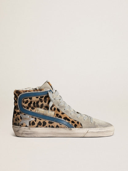 Golden Goose Womens Slide In Leopard Print Pony Skin With Silver Leather Star Womens