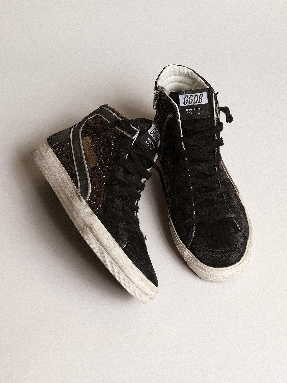 Golden Goose Slide In Brown Glitter With Black Leather Star And Flash Womens