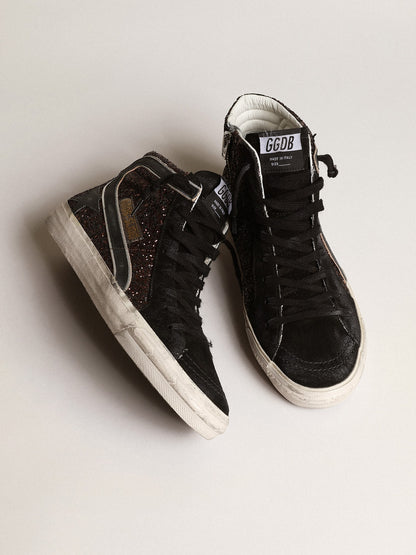 Golden Goose Slide In Brown Glitter With Black Leather Star And Flash Womens