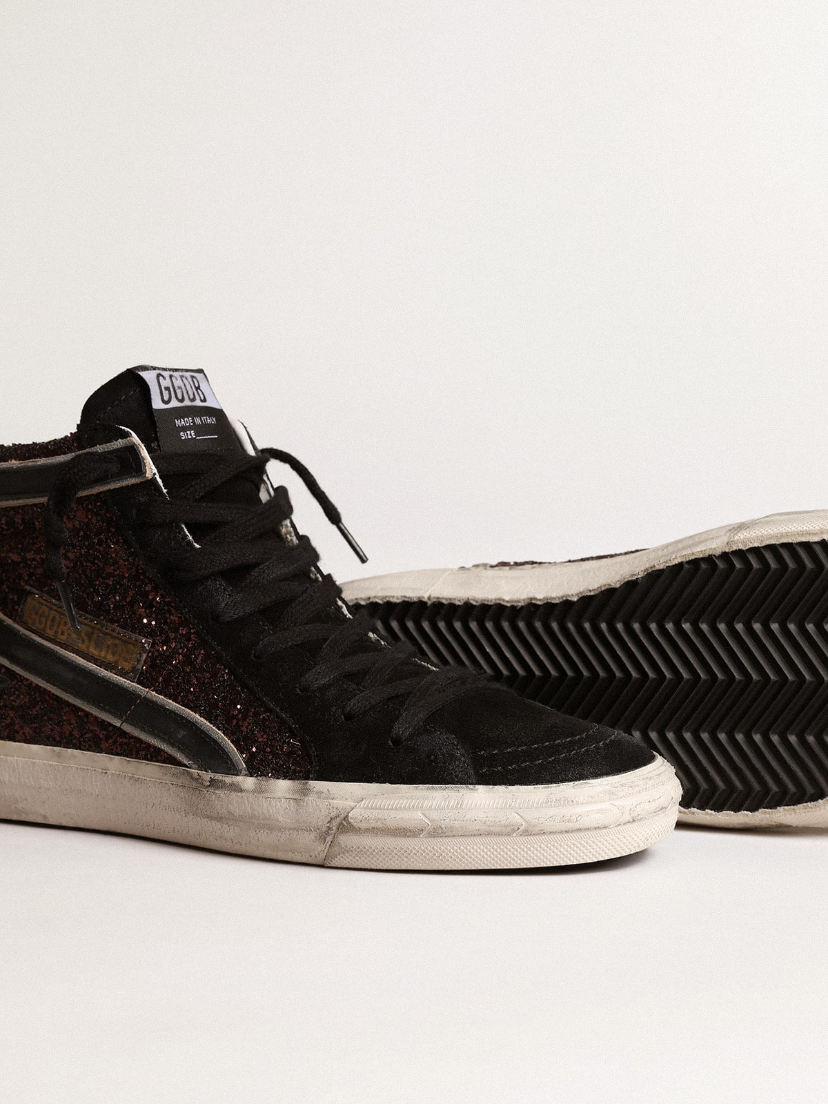 Golden Goose Slide In Brown Glitter With Black Leather Star And Flash Womens