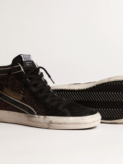 Golden Goose Slide In Brown Glitter With Black Leather Star And Flash Womens