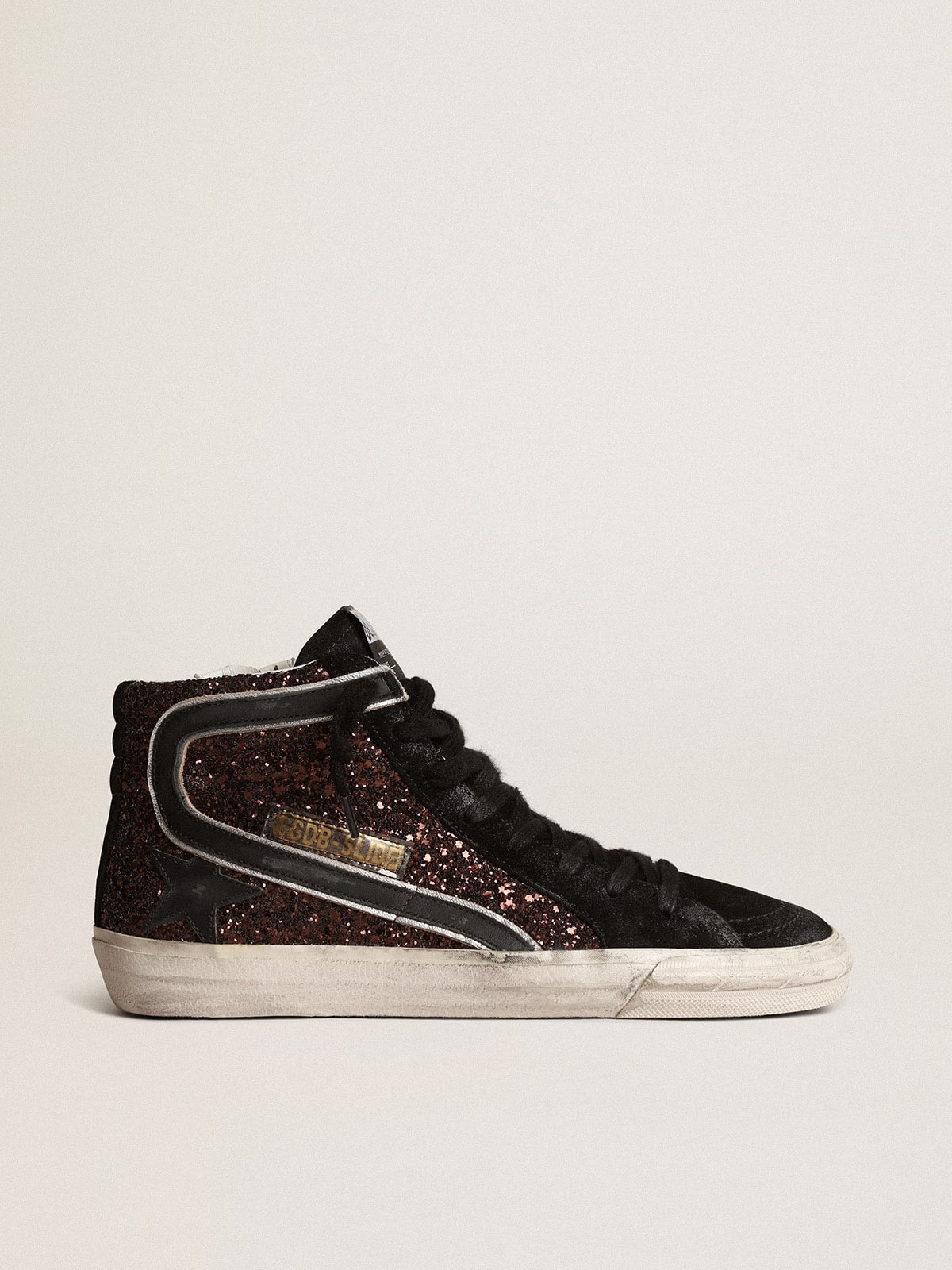 Golden Goose Slide In Brown Glitter With Black Leather Star And Flash Womens