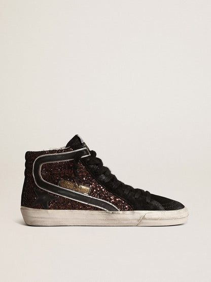 Golden Goose Slide In Brown Glitter With Black Leather Star And Flash Womens