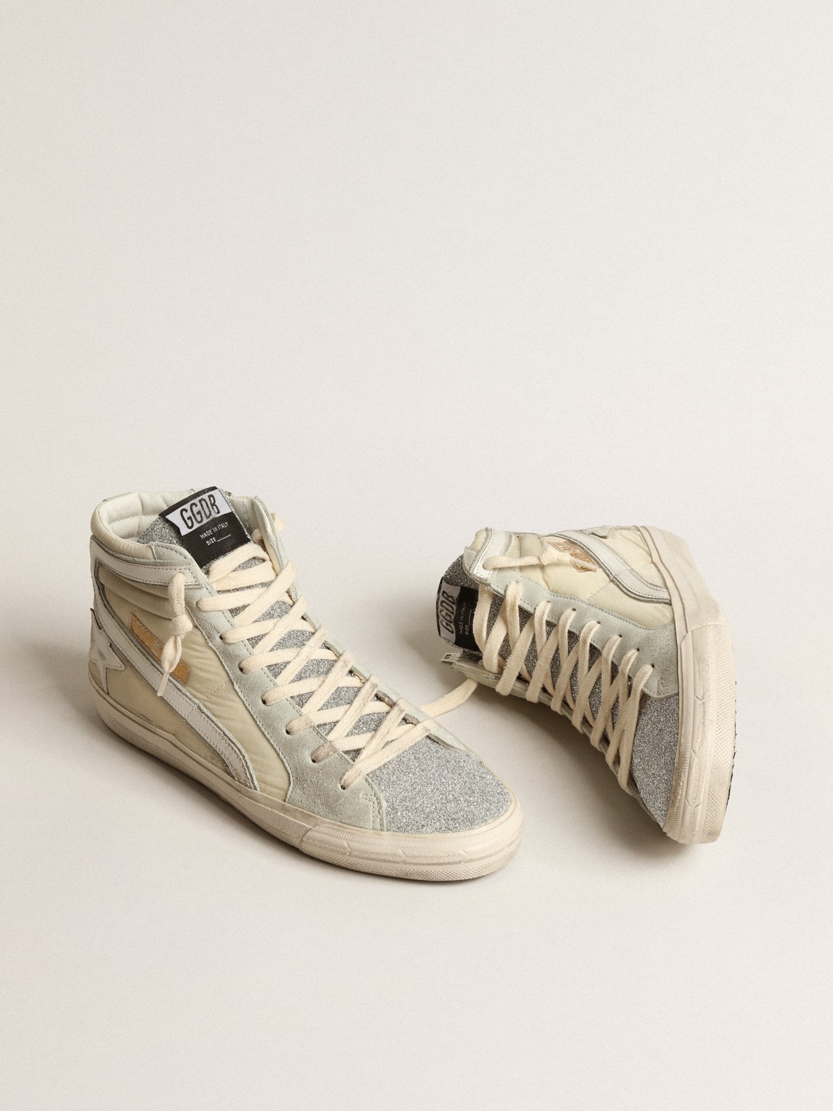 Golden Goose Slide In Ivory Nylon With White Leather Star And Swaroski Tongue Womens