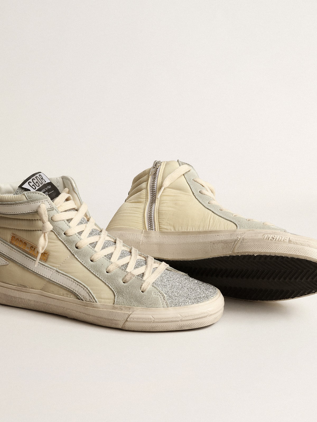 Golden Goose Slide In Ivory Nylon With White Leather Star And Swaroski Tongue Womens