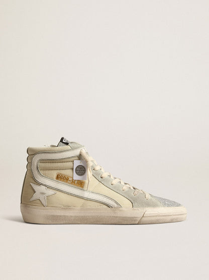Golden Goose Slide In Ivory Nylon With White Leather Star And Swaroski Tongue Womens