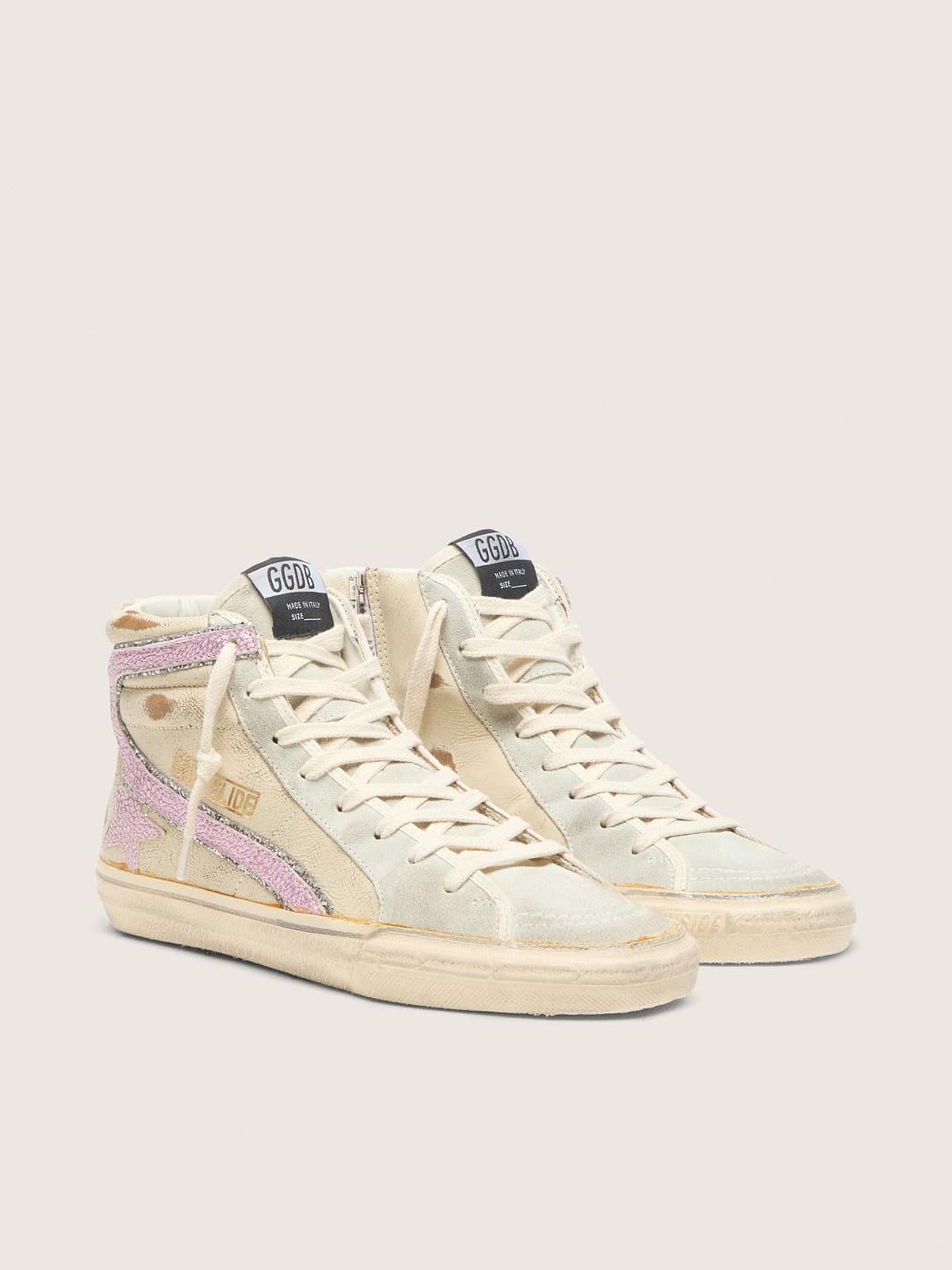 Golden Goose Slide In Beige With Pink Metallic Leather Star And Flash Womens