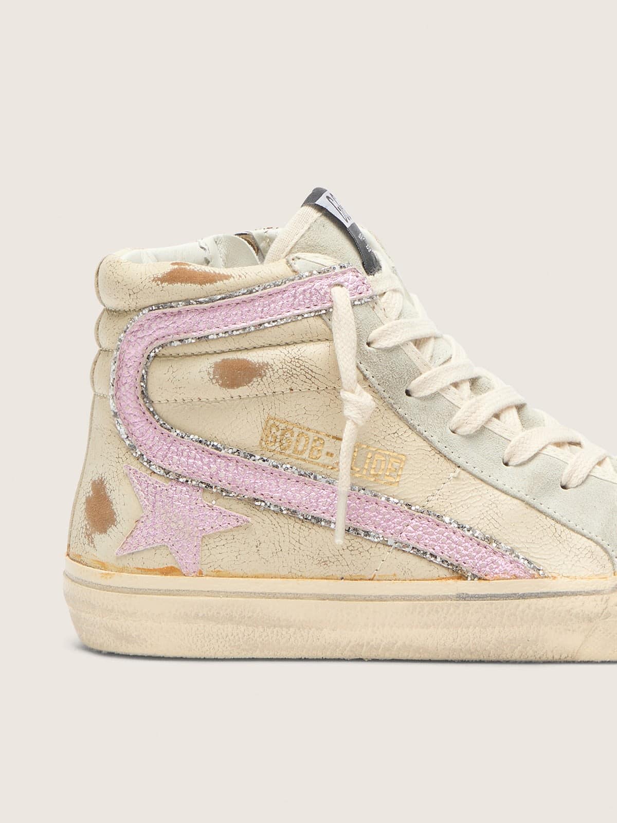 Golden Goose Slide In Beige With Pink Metallic Leather Star And Flash Womens