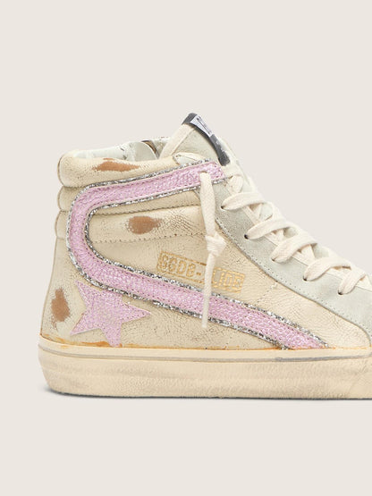 Golden Goose Slide In Beige With Pink Metallic Leather Star And Flash Womens
