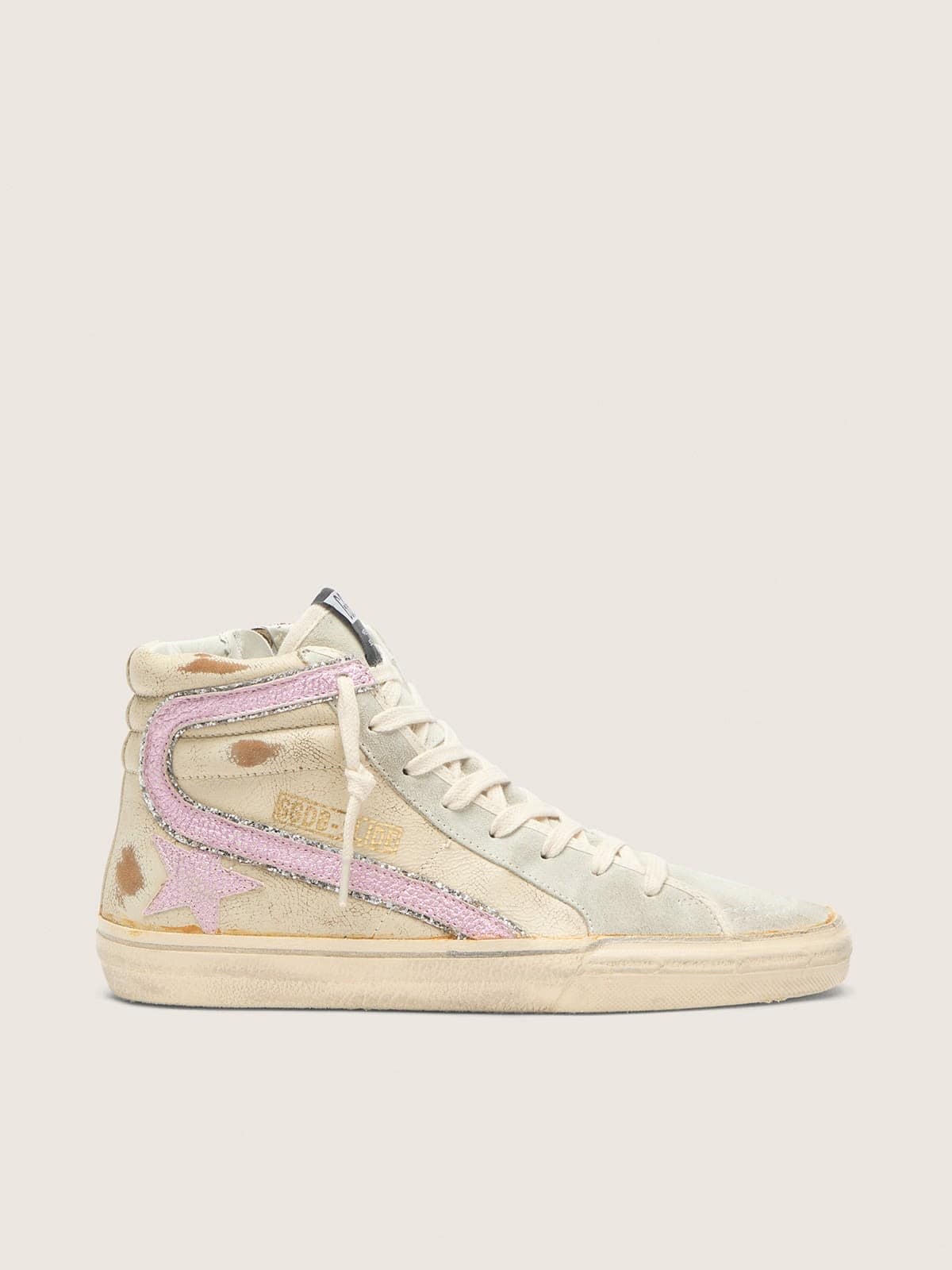 Golden Goose Slide In Beige With Pink Metallic Leather Star And Flash Womens