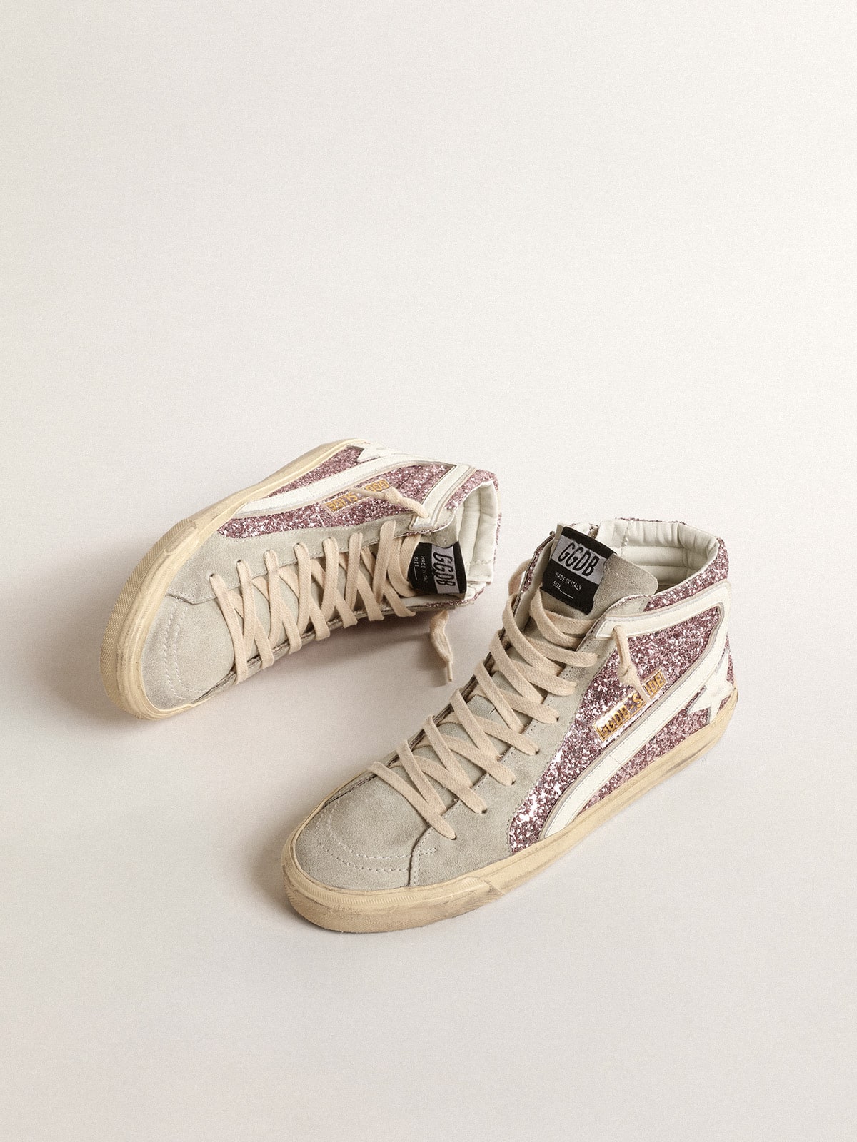 Golden Goose Slide In Lilac Glitter With White Leather Star And Flash Womens