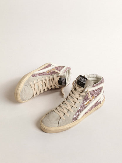 Golden Goose Slide In Lilac Glitter With White Leather Star And Flash Womens