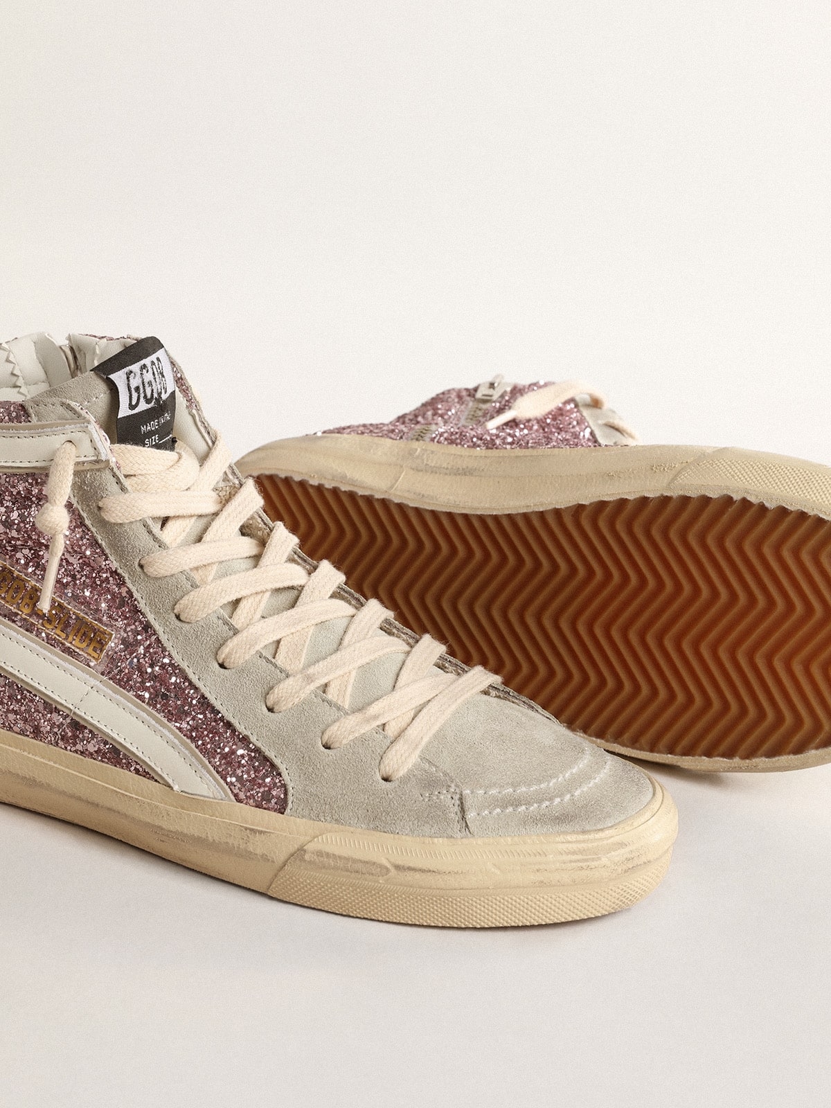 Golden Goose Slide In Lilac Glitter With White Leather Star And Flash Womens