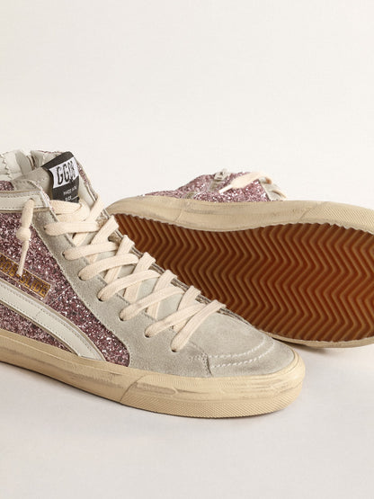 Golden Goose Slide In Lilac Glitter With White Leather Star And Flash Womens