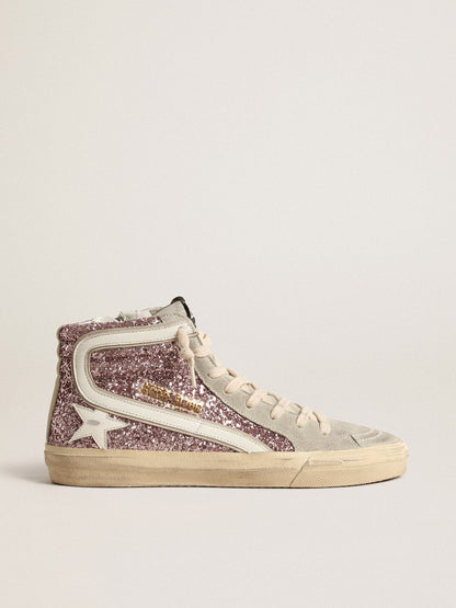 Golden Goose Slide In Lilac Glitter With White Leather Star And Flash Womens