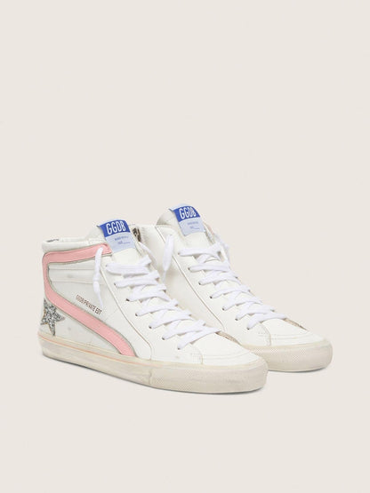 Golden Goose Womens Slide In White Leather With Silver Glitter Star And Pink Leather Flash Womens