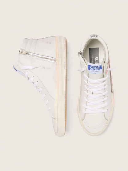 Golden Goose Womens Slide In White Leather With Silver Glitter Star And Pink Leather Flash Womens