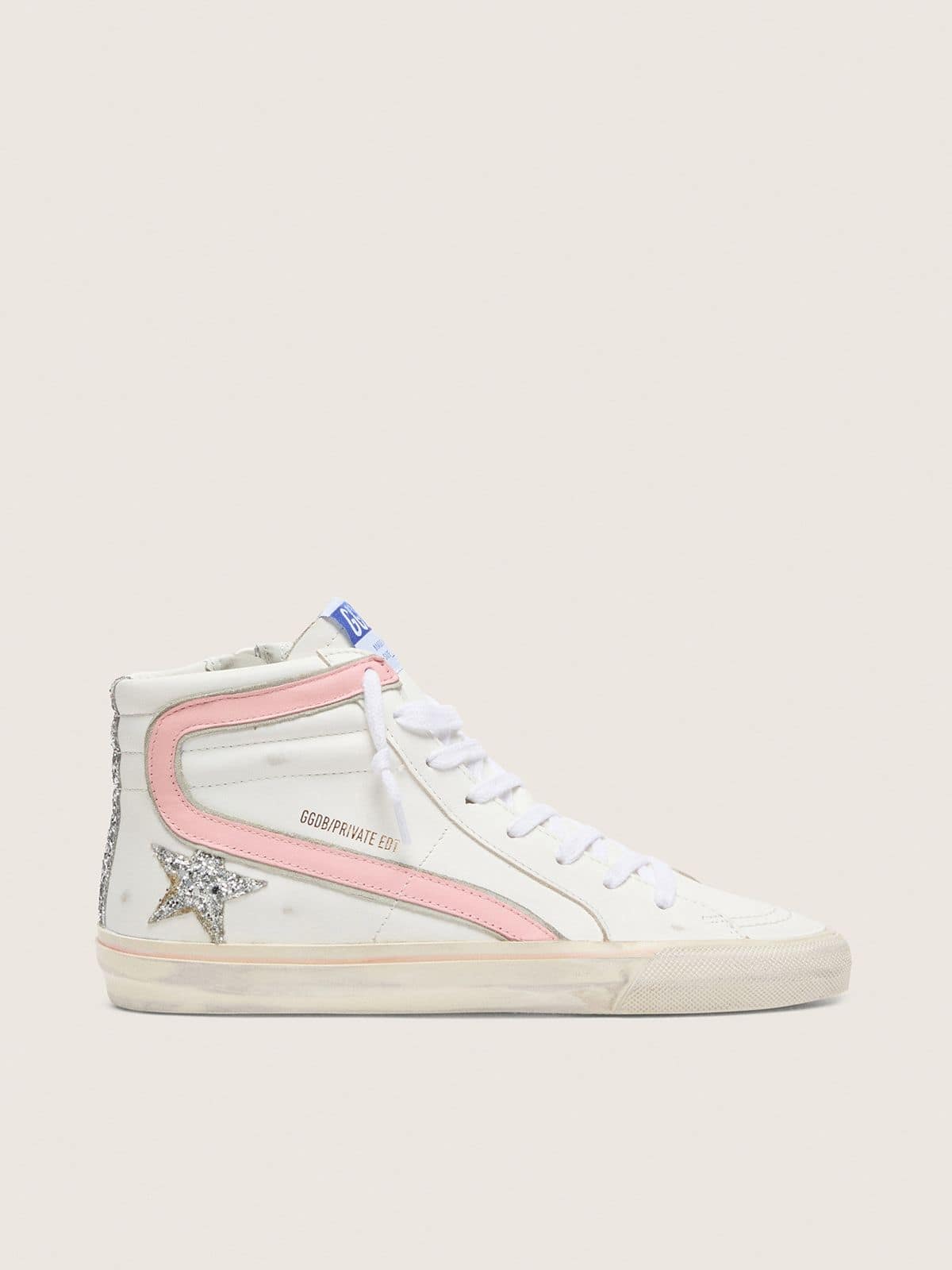 Golden Goose Womens Slide In White Leather With Silver Glitter Star And Pink Leather Flash Womens