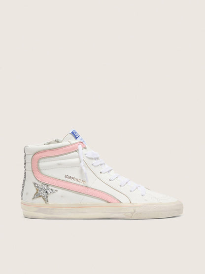 Golden Goose Womens Slide In White Leather With Silver Glitter Star And Pink Leather Flash Womens