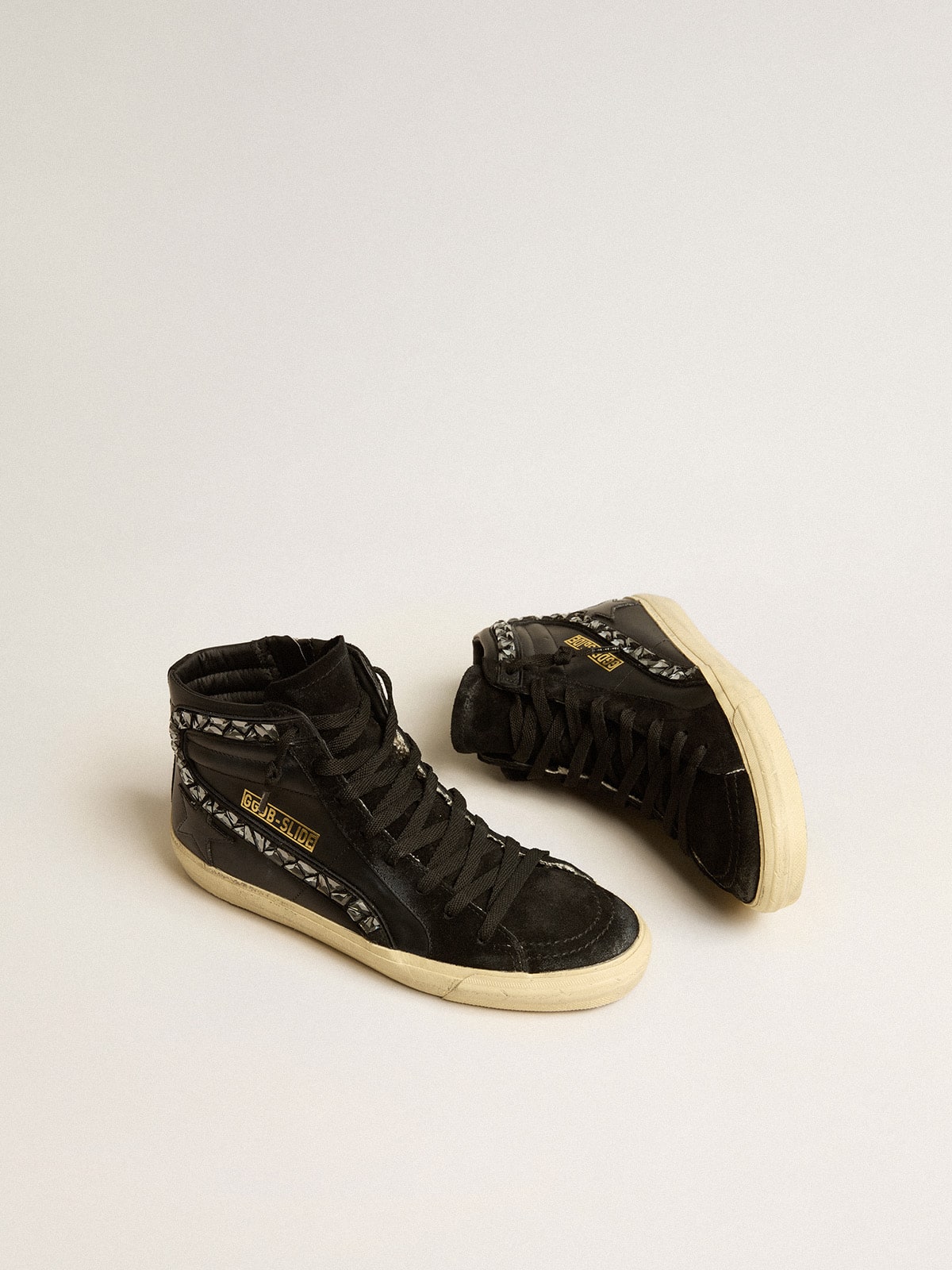 Golden Goose Slide In Leather With Black Star And Swarovski Crystal Flash Womens