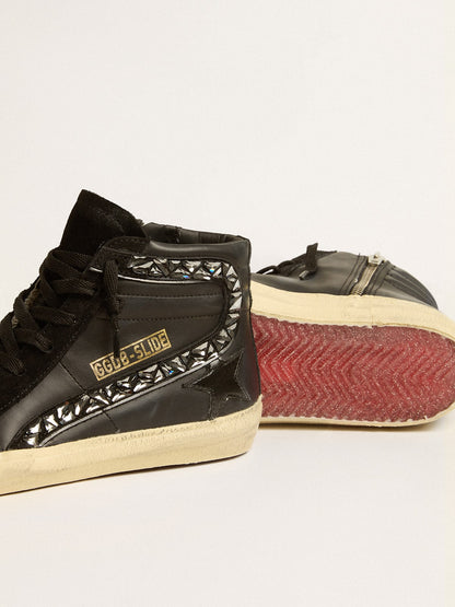 Golden Goose Slide In Leather With Black Star And Swarovski Crystal Flash Womens