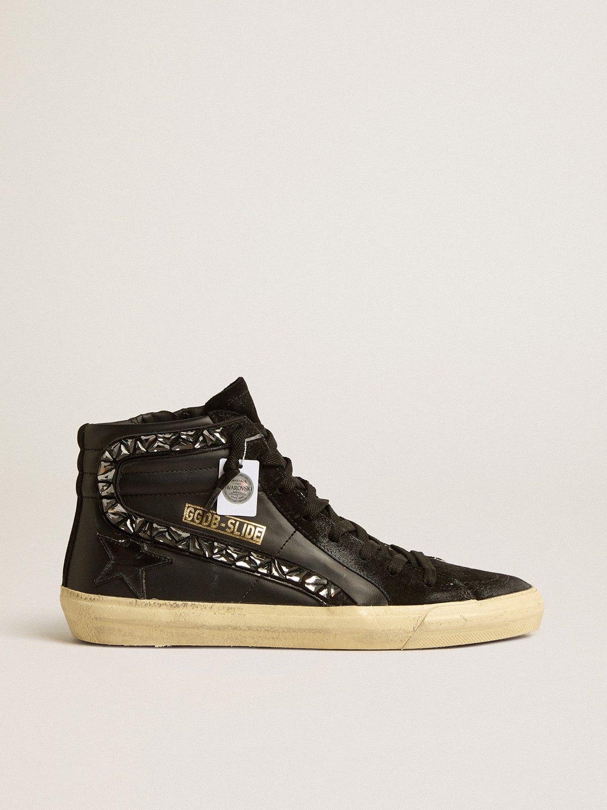 Golden Goose Slide In Leather With Black Star And Swarovski Crystal Flash Womens