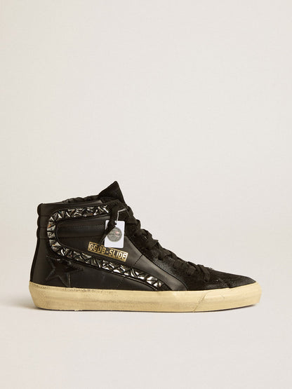 Golden Goose Slide In Leather With Black Star And Swarovski Crystal Flash Womens