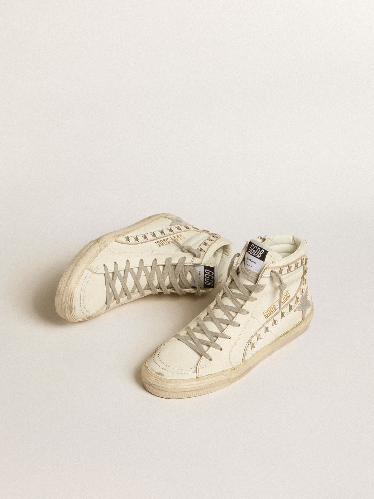Golden Goose Slide With Silver Metallic Leather Star And Leather Flash With Stars Womens