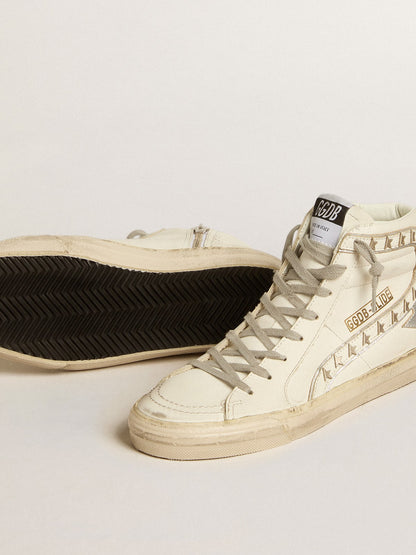 Golden Goose Slide With Silver Metallic Leather Star And Leather Flash With Stars Womens