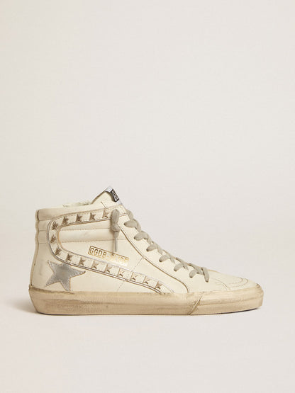 Golden Goose Slide With Silver Metallic Leather Star And Leather Flash With Stars Womens