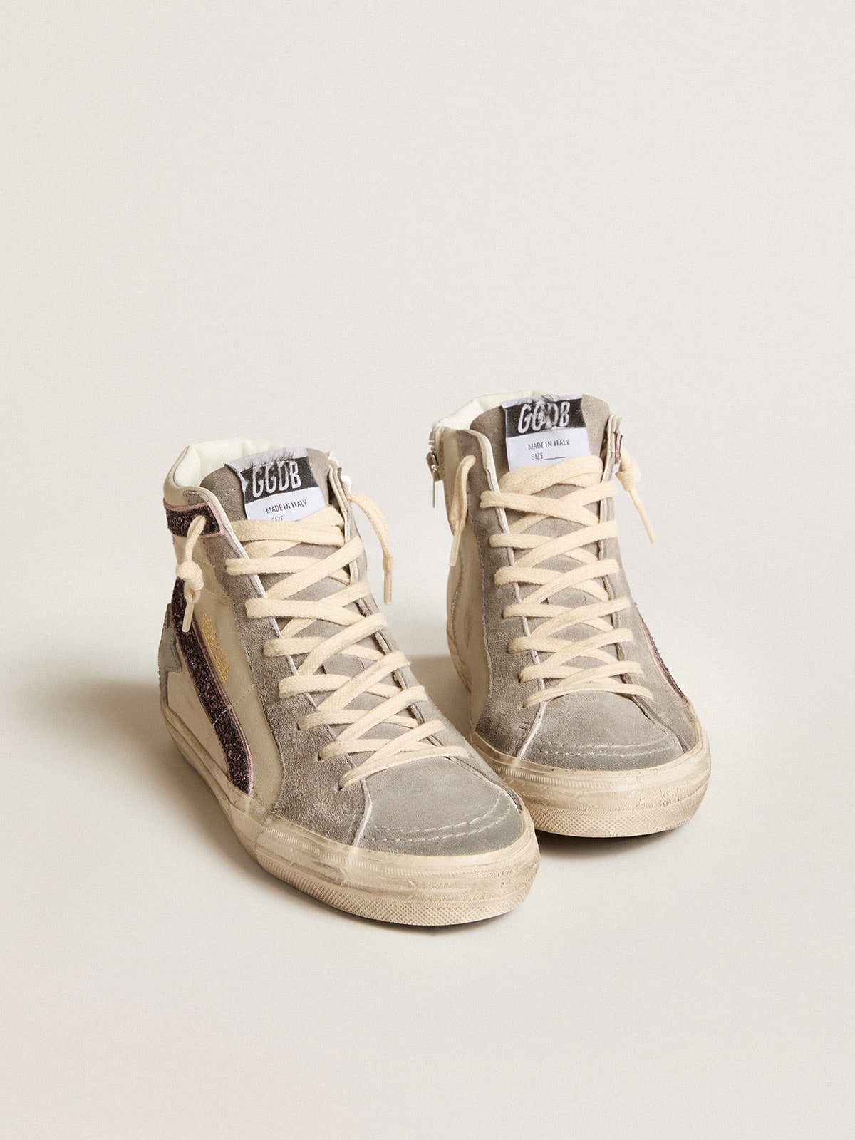 Golden Goose Slide With Gray Leather Star And Wine-Colored Glitter Flash Womens